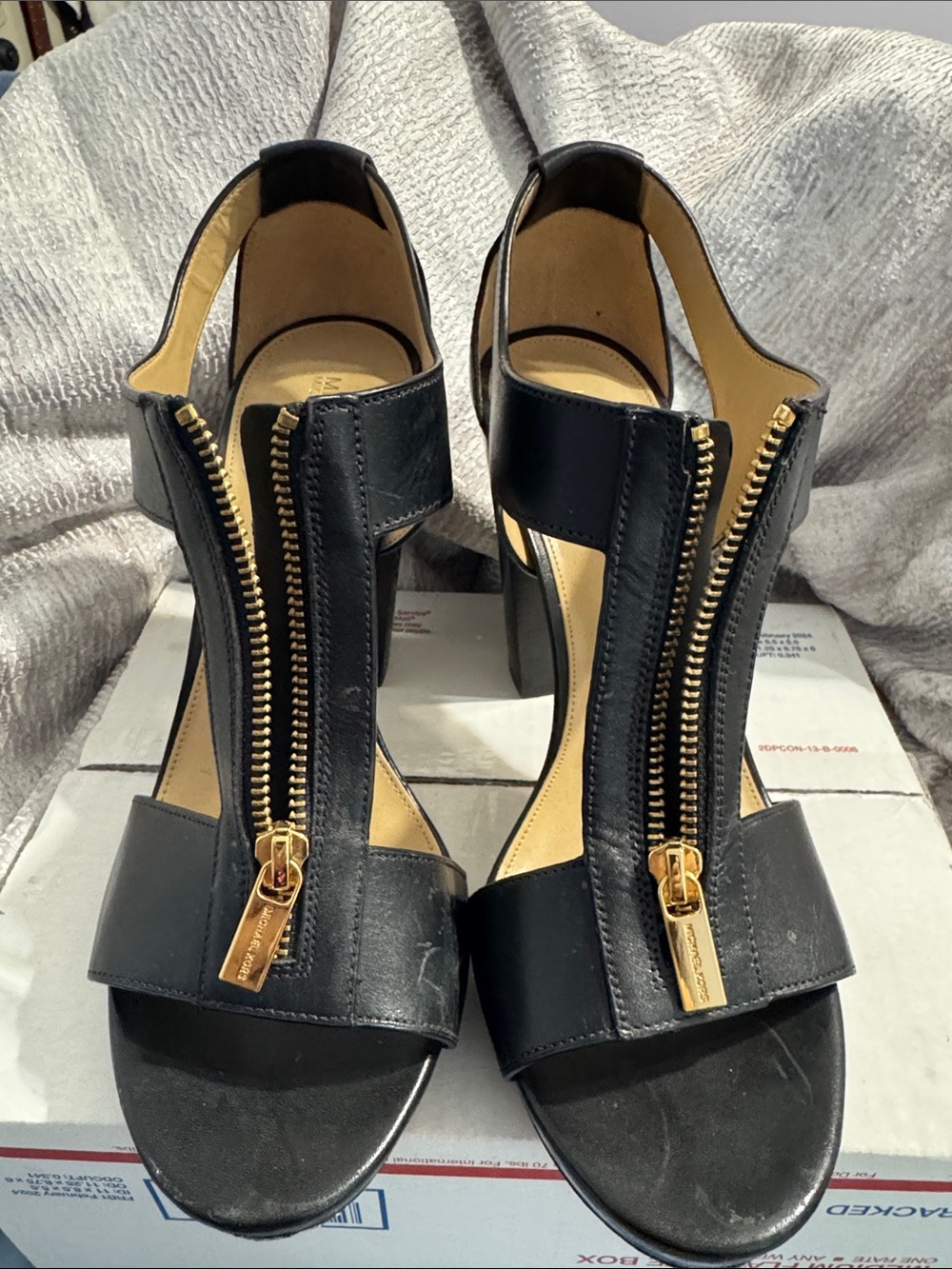Michael Kors Black Leather Zip-Front Block Heel Sandals